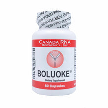 White bottle with red label band containing "BOLUOKE" text, "60 Capsules" marking, and Canada RNA Biochemical branding with t