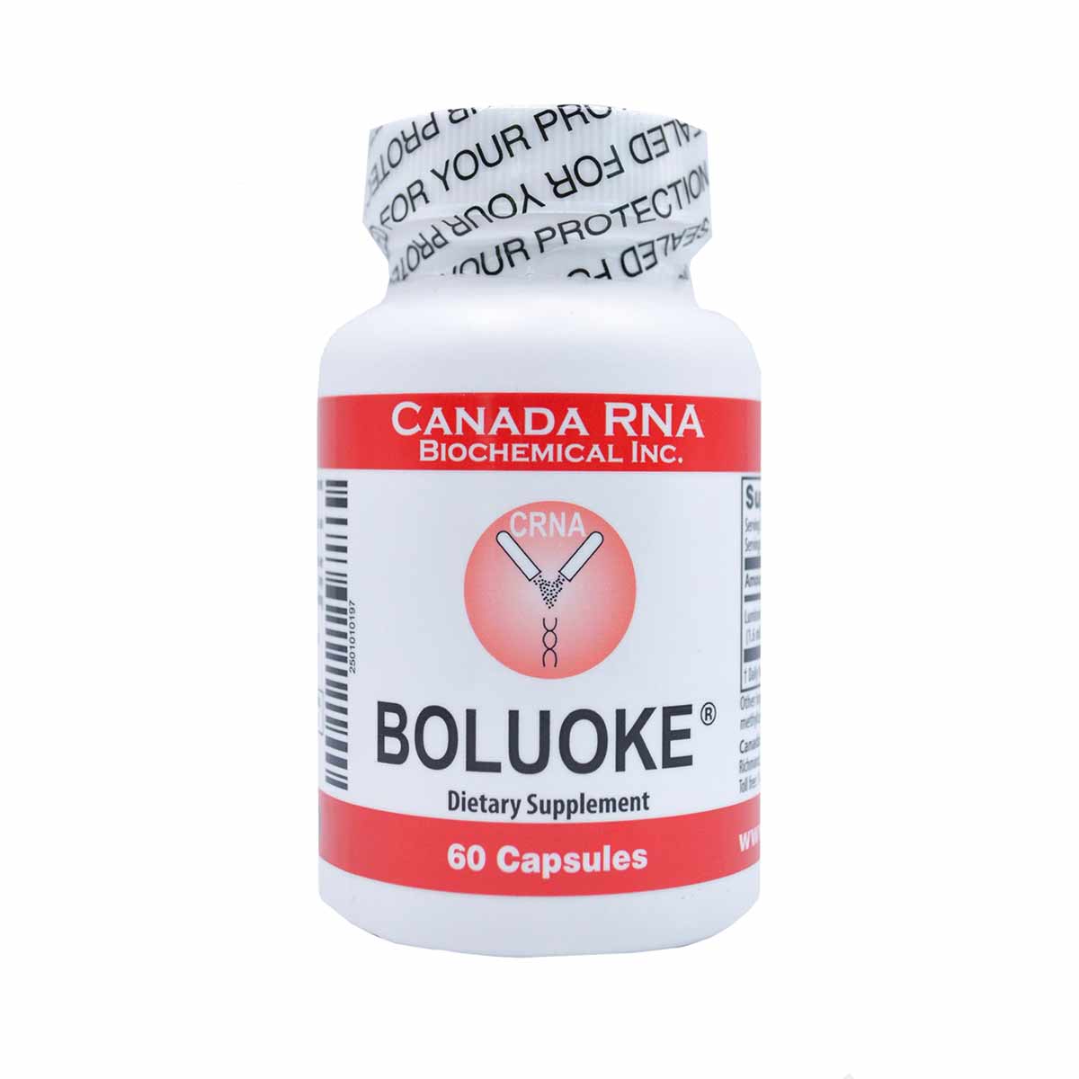 White bottle with red label band containing "BOLUOKE" text, "60 Capsules" marking, and Canada RNA Biochemical branding with t