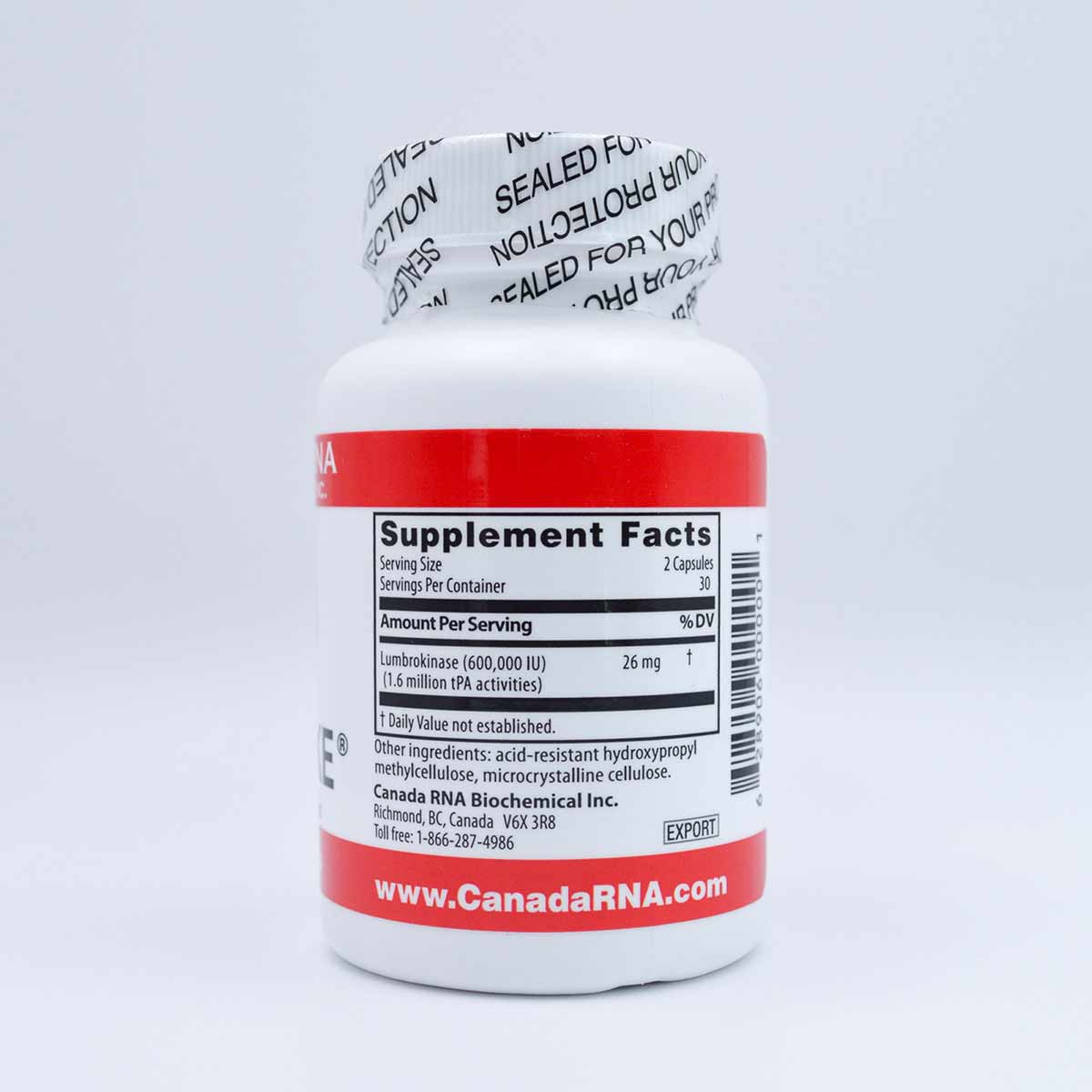 White bottle with red band and white seal-strip top containing Boluoke supplement capsules by Canada RNA Biochemical.