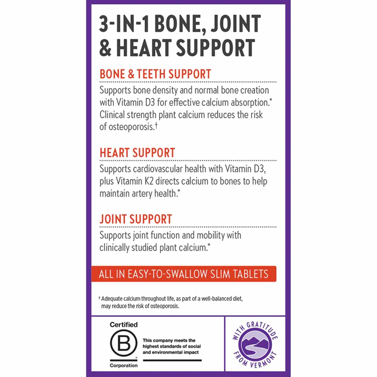 Supplement bottle label with purple border listing bone, joint, and heart support benefits in sections with red and black tex