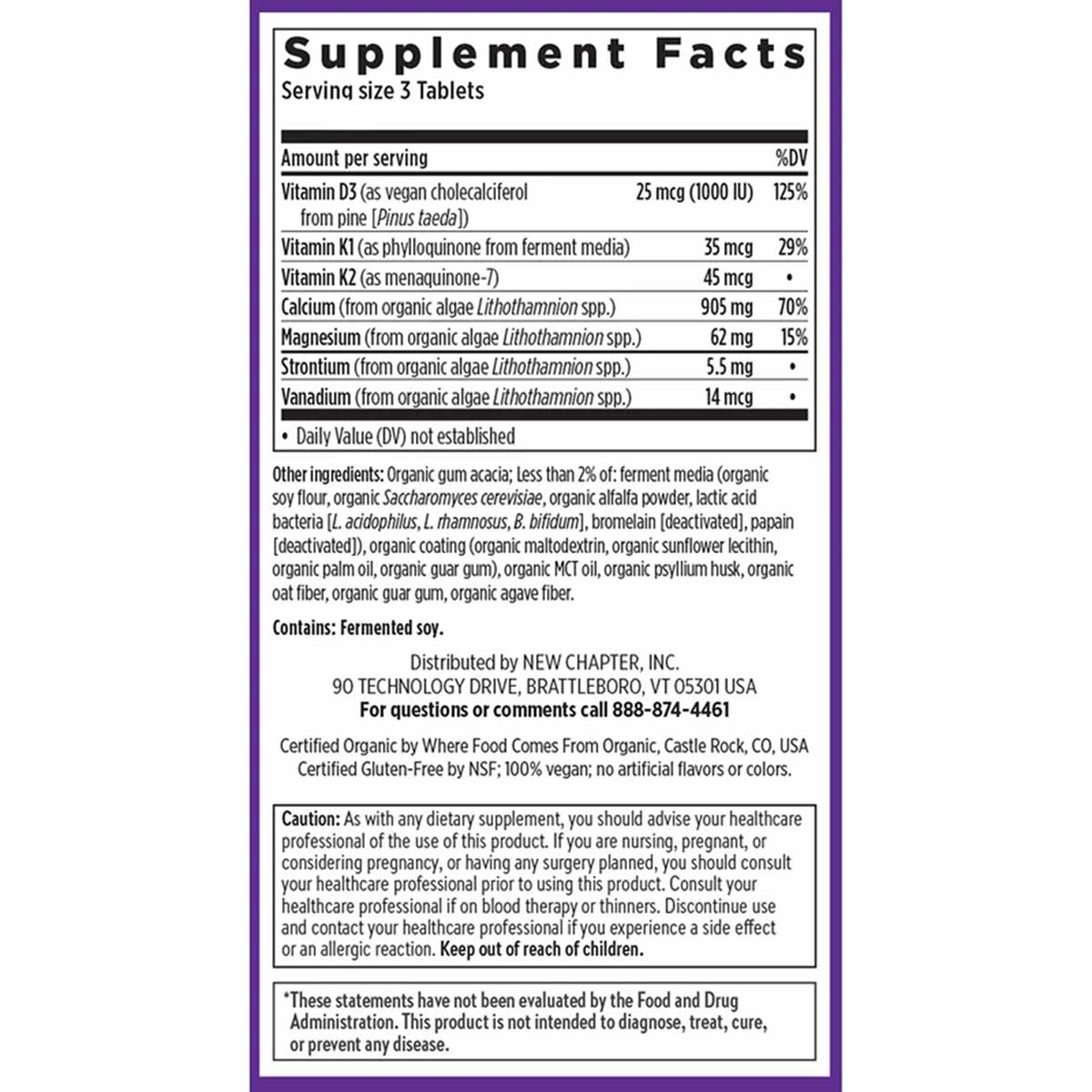 Supplement Facts label for New Chapter Bone Strength Take Care Slim Tabs showing ingredients including calcium, magnesium, vi