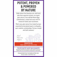 Back of purple and white supplement box with text describing bone strength formula containing red marine algae and usage inst