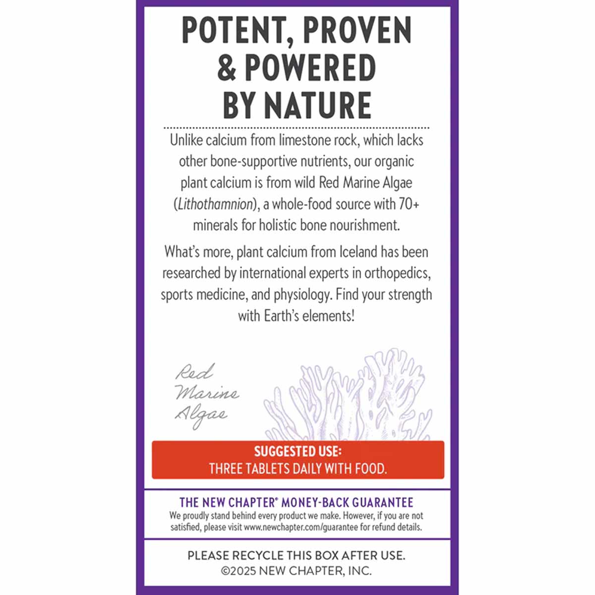 Back of supplement box with purple border displaying product information, ingredients from red marine algae, usage instructio