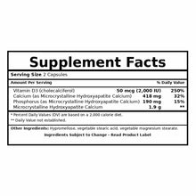 Supplement Facts label for NutriDyn Bone Support showing serving size, vitamin D3, calcium, phosphate, and microcrystalline h