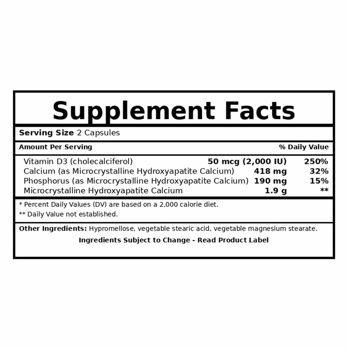 Supplement Facts label for NutriDyn Bone Support showing serving size, vitamin D3, calcium, phosphate, and microcrystalline h