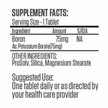 Supplement facts label showing 75mg boron per tablet with potassium borate, silica, and magnesium stearate as ingredients.