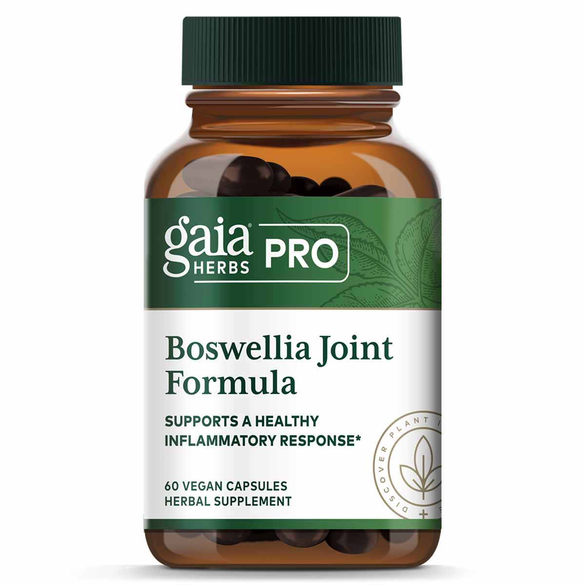 Amber glass bottle with green cap containing dark vegan capsules labeled Gaia Herbs Pro Boswellia Joint Formula herbal supple
