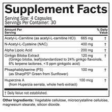 Supplement Facts label for Brain and Memory Power Boost showing serving size of 4 capsules with active ingredients including 