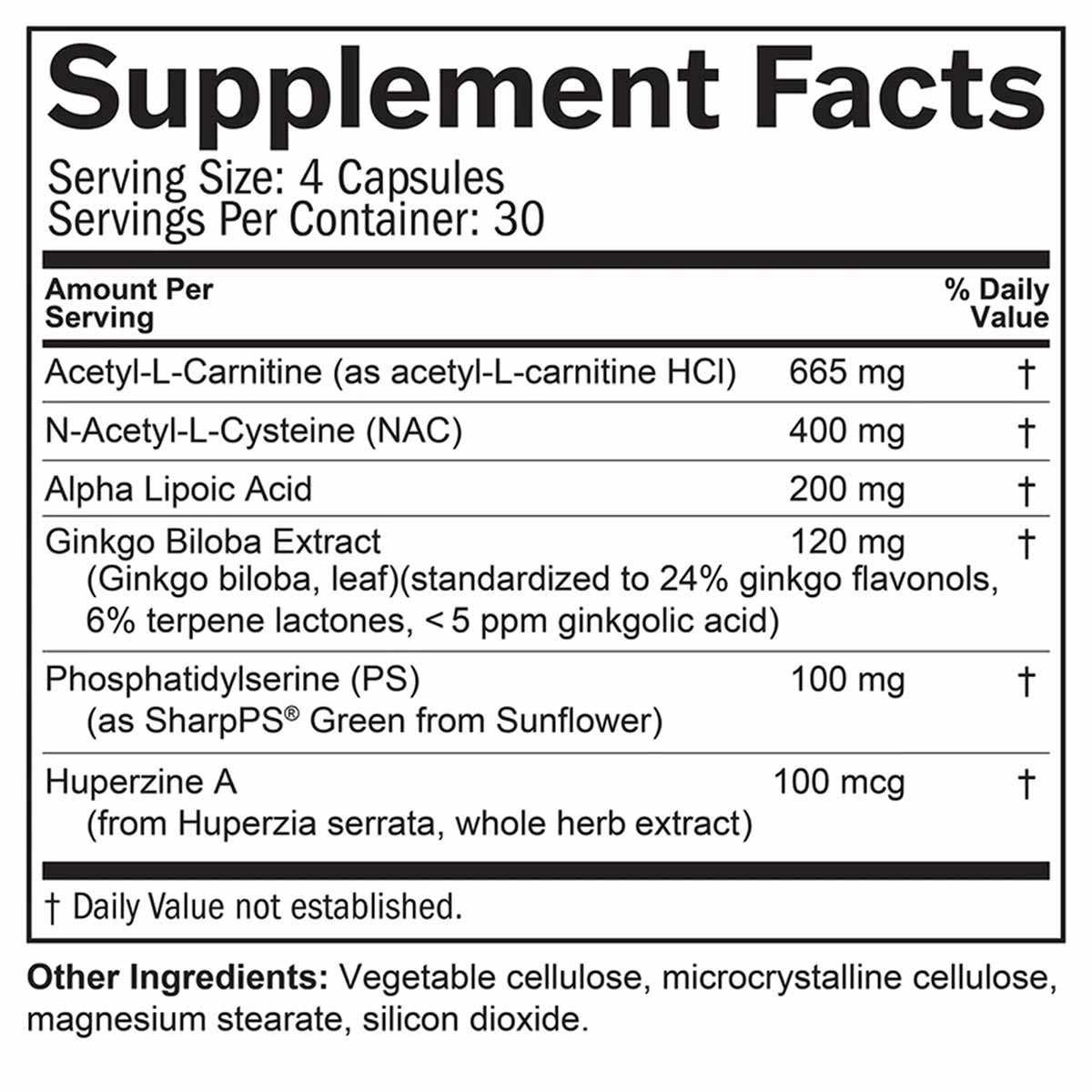Supplement Facts label for Brain and Memory Power Boost showing serving size of 4 capsules with active ingredients including 