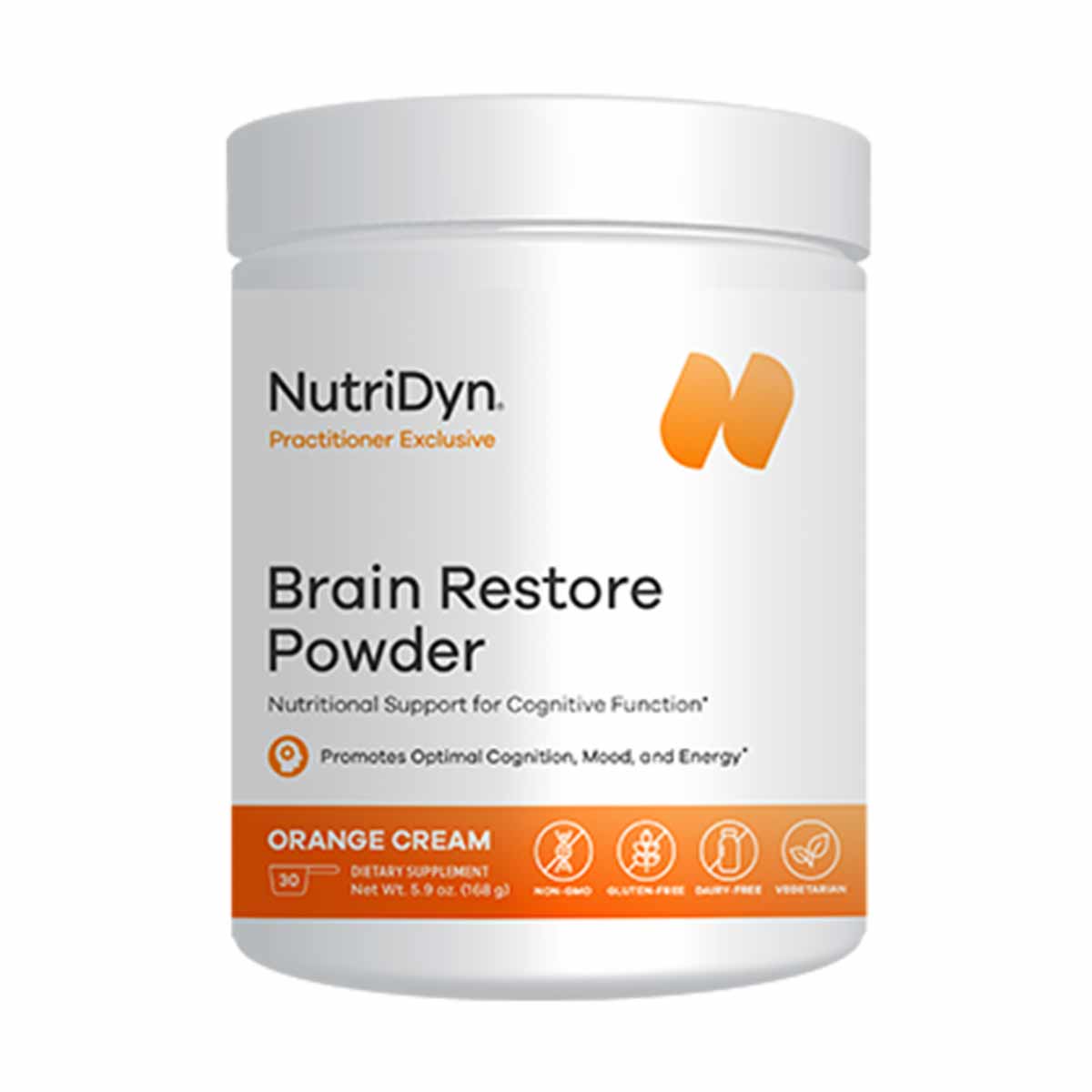 White cylindrical container of NutriDyn Brain Restore Powder in Orange Cream flavor, 5.9 oz, with orange and black label.