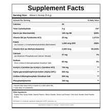 A Supplement Facts panel lists a 5.6 gram serving, vitamins, Alpha-GPC, acetyl-L-carnitine, phosphatidylserine, and other ingredients in a black and white table.