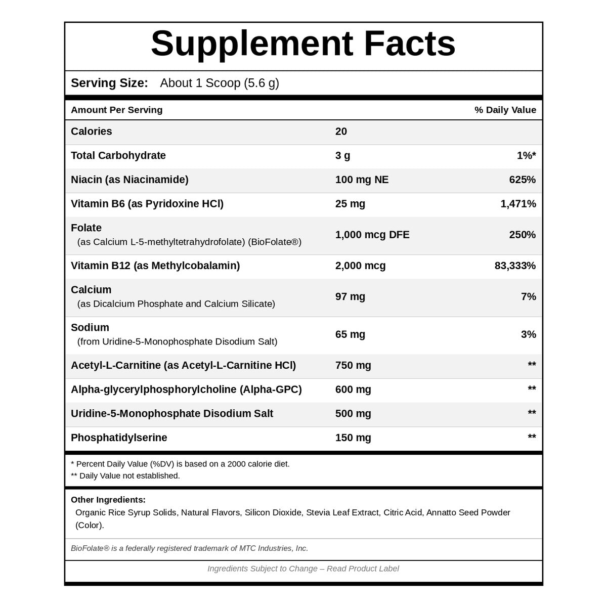 A Supplement Facts panel lists a 5.6 gram serving, vitamins, Alpha-GPC, acetyl-L-carnitine, phosphatidylserine, and other ingredients in a black and white table.