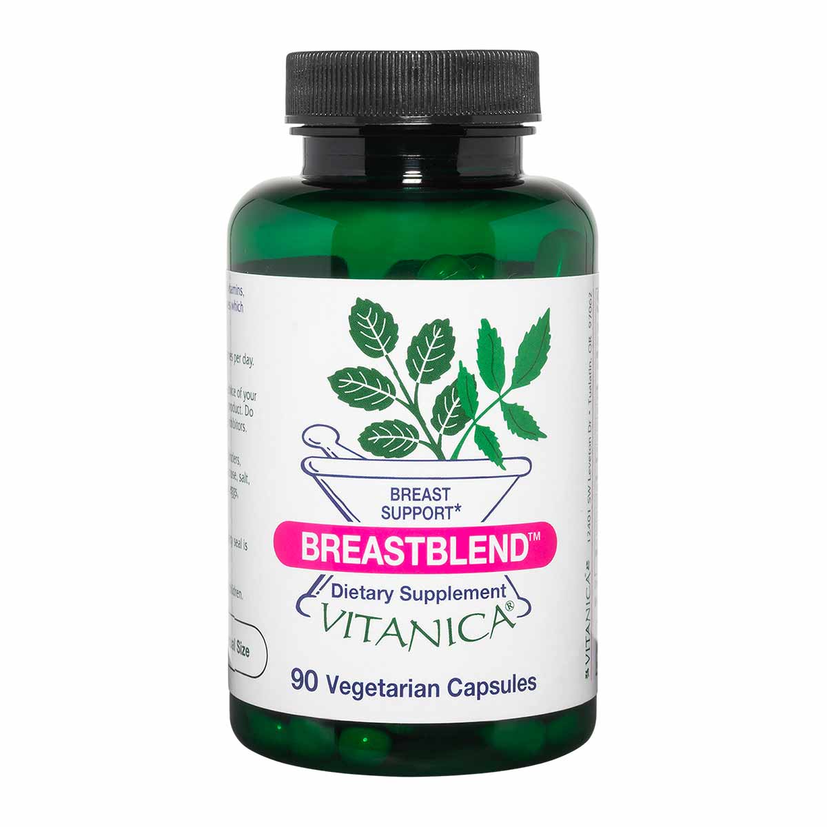 Green bottle with white label containing 90 vegetarian capsules of BreastBlend dietary supplement by Vitanica.