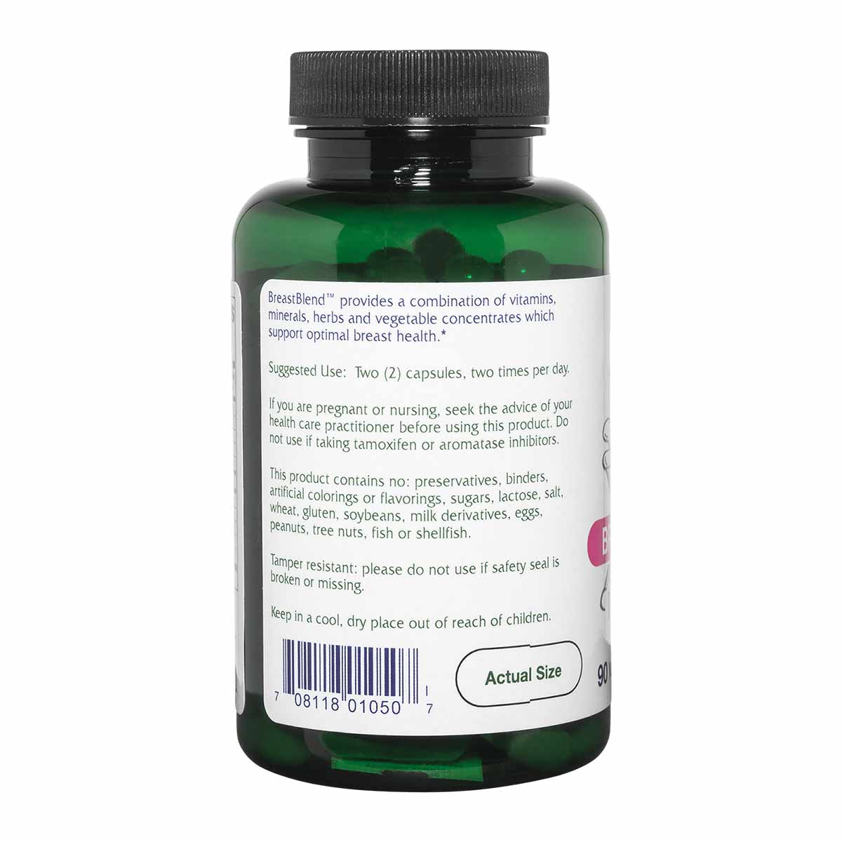 Dark green bottle with black cap containing Vitanica BreastBlend vegetarian capsules with product label and usage instruction