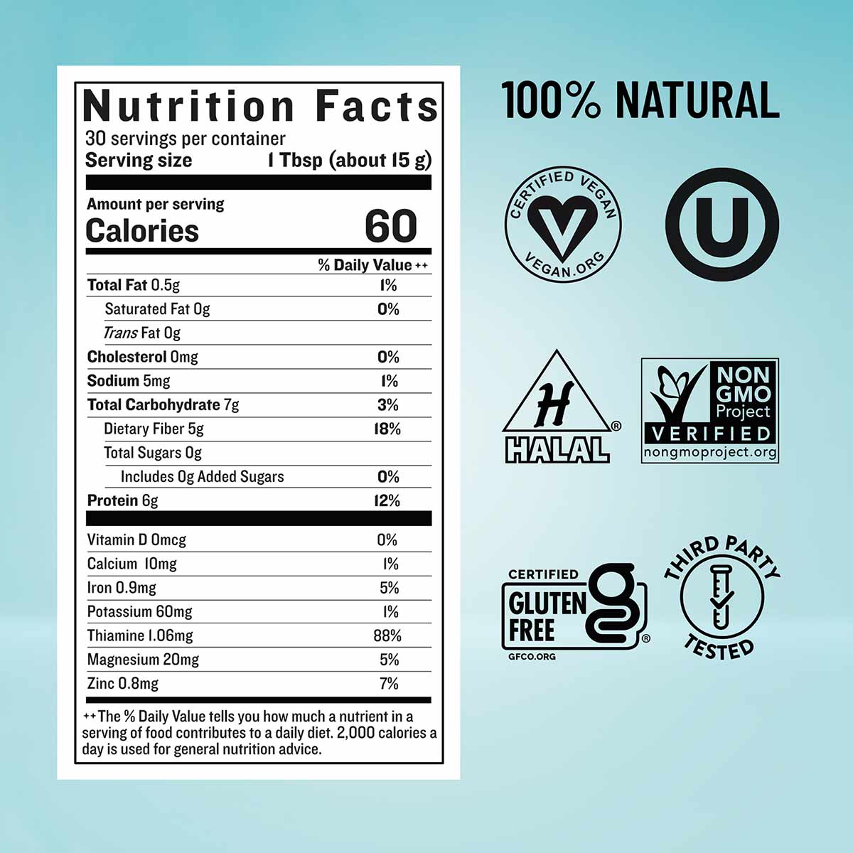 Brewer's yeast nutrition facts label with certifications including vegan, non-GMO, halal, gluten-free, and third-party tested