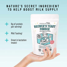 White Legendairy Milk Brewer's Yeast Powder pouch held in hand against light blue background with product features listed.