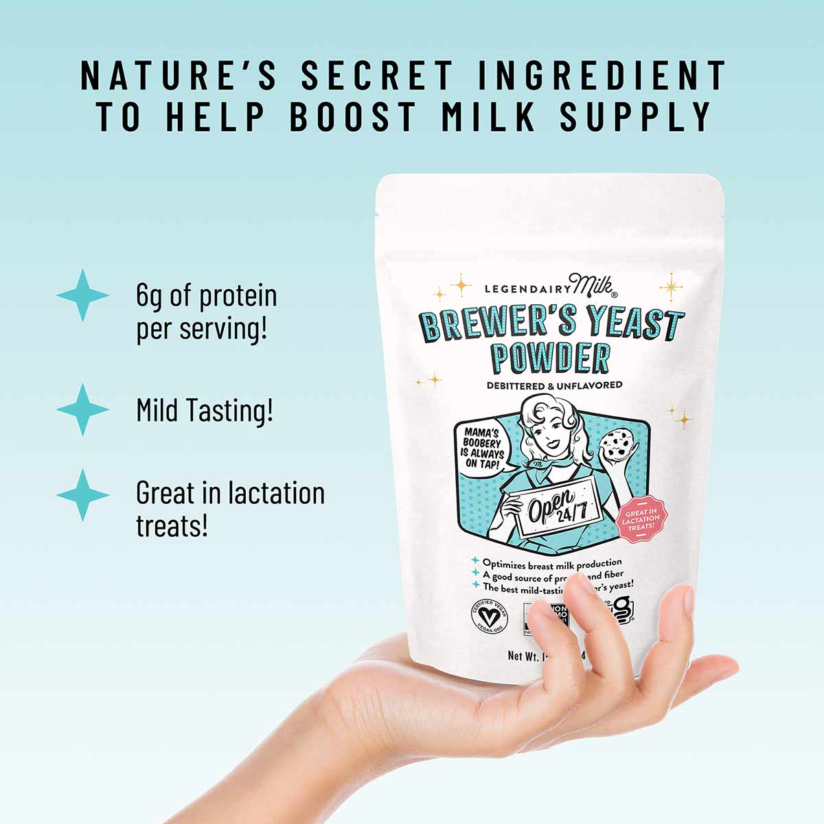 White Legendairy Milk Brewer's Yeast Powder pouch held in hand against light blue background with product features listed.