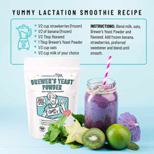 Legendairy Milk Brewer's Yeast Powder pouch displayed with a purple smoothie, fresh fruit, and recipe instructions on blue ba
