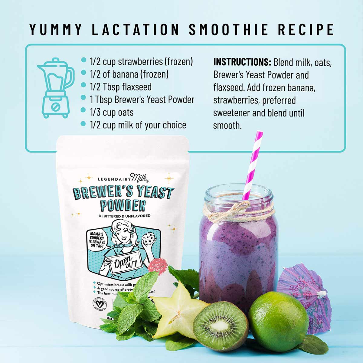 Legendairy Milk Brewer's Yeast Powder pouch displayed with a purple smoothie, fresh fruit, and recipe instructions on blue ba