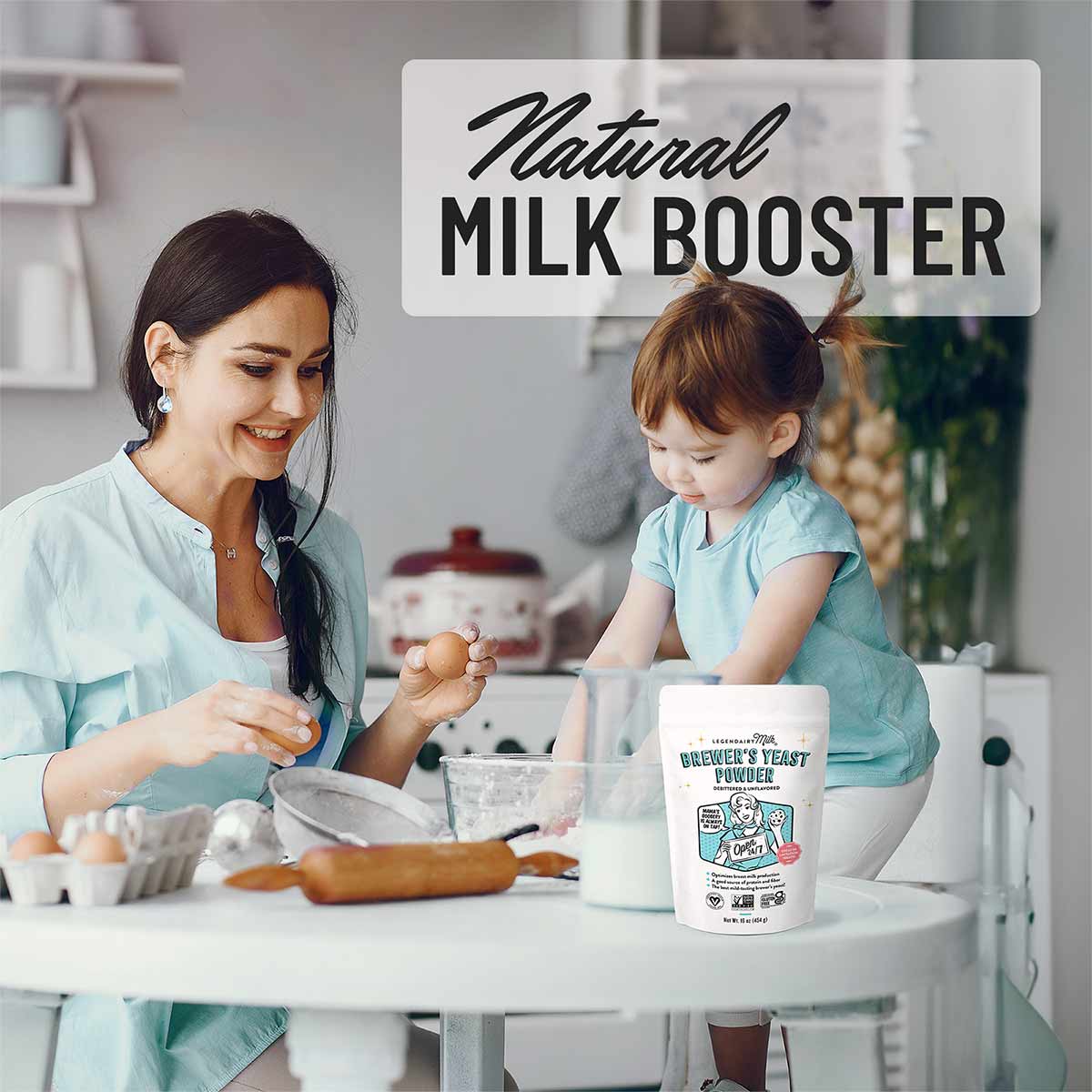 White Brewer's Yeast Powder container by Legendairy Milk on kitchen counter with woman and child baking.
