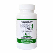 White supplement bottle with green label showing BRM4 500mg, 60 vegetable capsules.