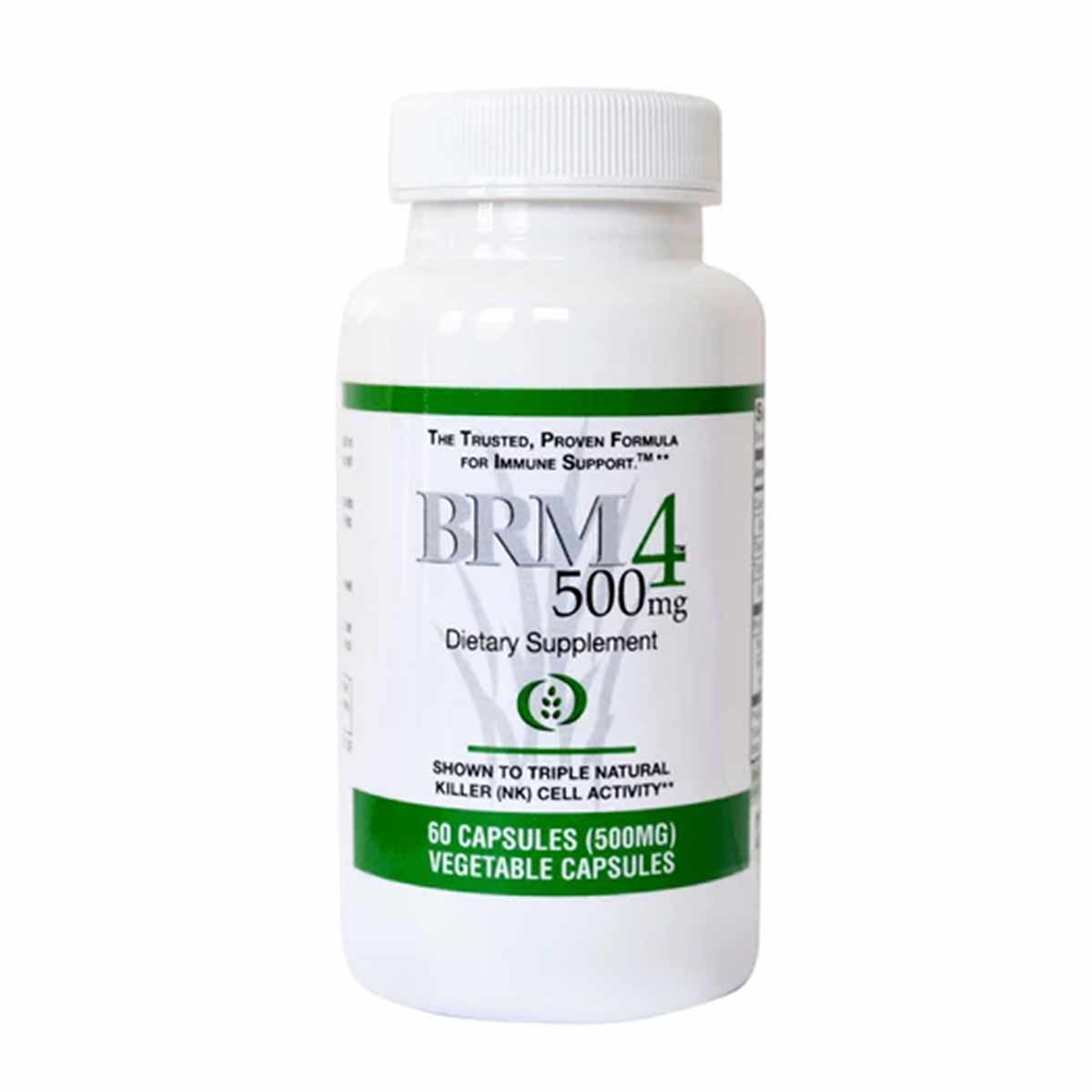 White supplement bottle with green label showing BRM4 500mg, 60 vegetable capsules.
