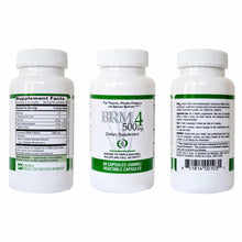 White plastic bottle containing 60 vegetable capsules of BRM 4 500mg dietary supplement by Daiwa Health Development, shown fr