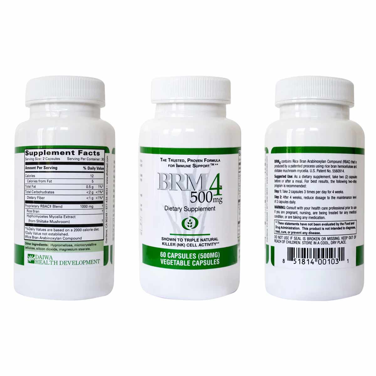 White plastic bottle containing 60 vegetable capsules of BRM 4 500mg dietary supplement by Daiwa Health Development, shown fr