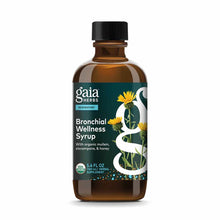 Gaia Herbs Bronchial Wellness Syrup in a 5.4 fl oz amber glass bottle with black cap and teal label.