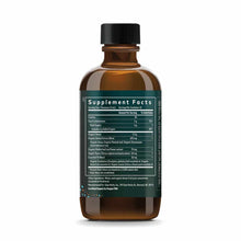 Amber glass bottle of Bronchial Wellness Syrup with black cap and teal supplement facts label.