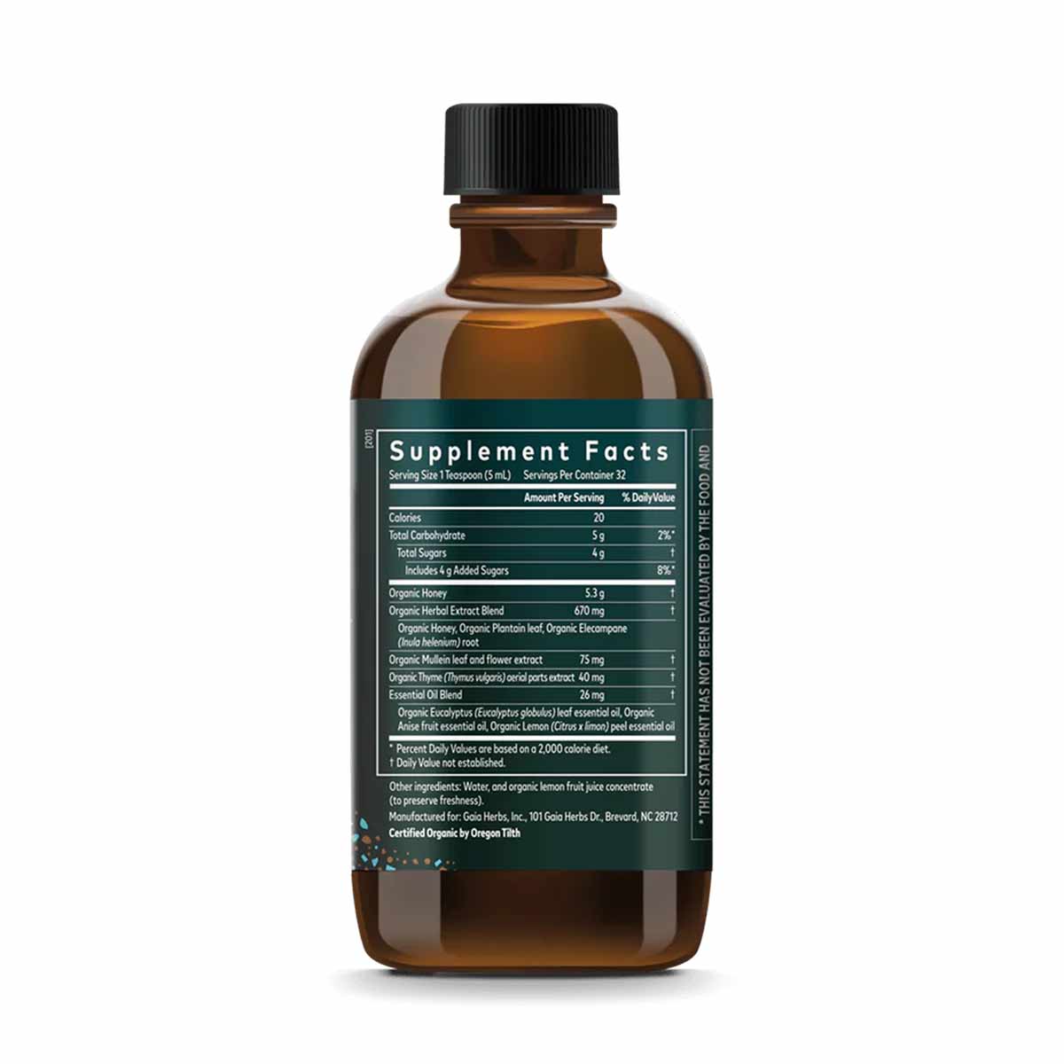Amber glass bottle of Bronchial Wellness Syrup with black cap and teal supplement facts label.