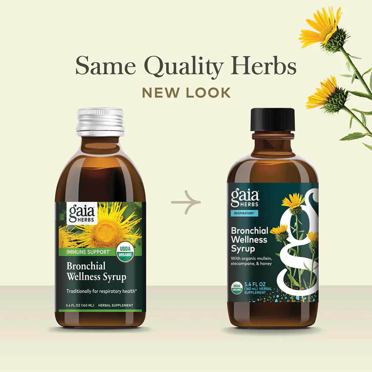 Gaia Herbs Bronchial Wellness Syrup in 5.4 fl oz amber glass bottle with silver and black caps, showing old and new label des