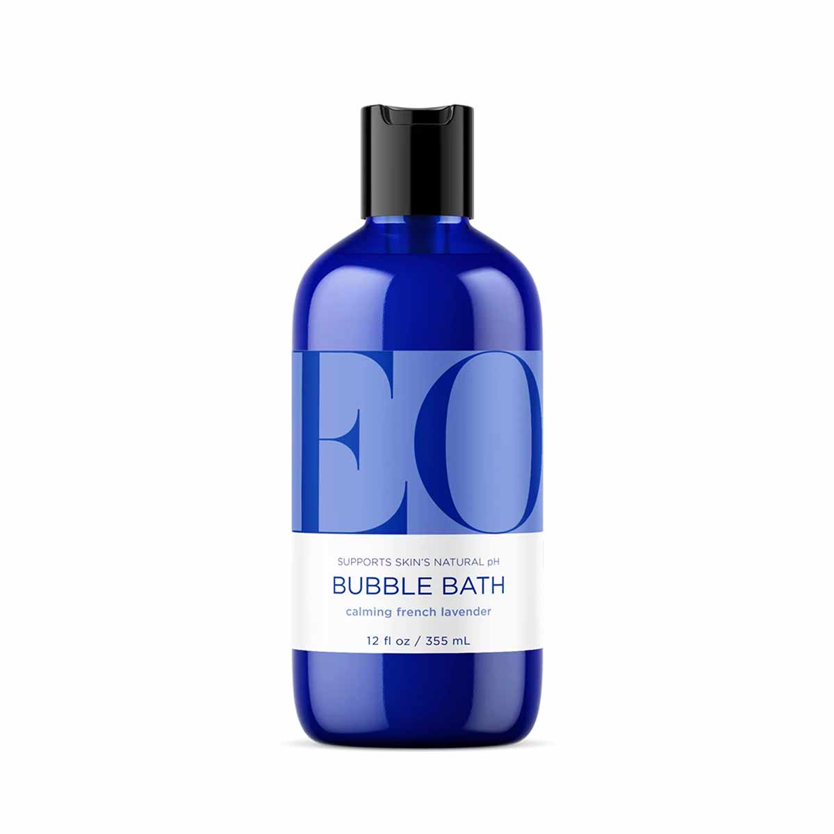 Blue bottle of EO Products bubble bath with black cap, labeled "calming french lavender," 12 fl oz.