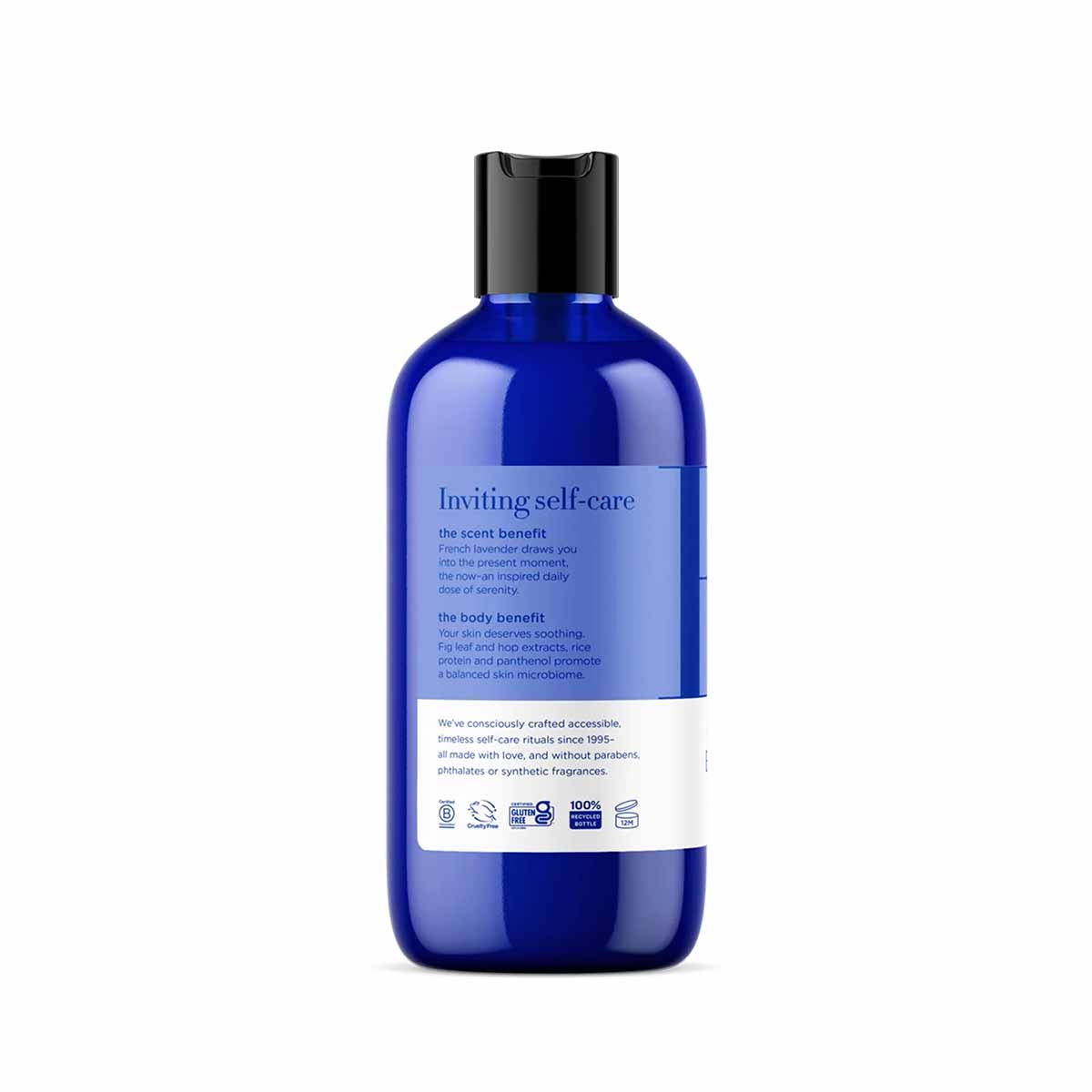 Blue plastic bottle of EO Products bubble bath with black cap and white product label.