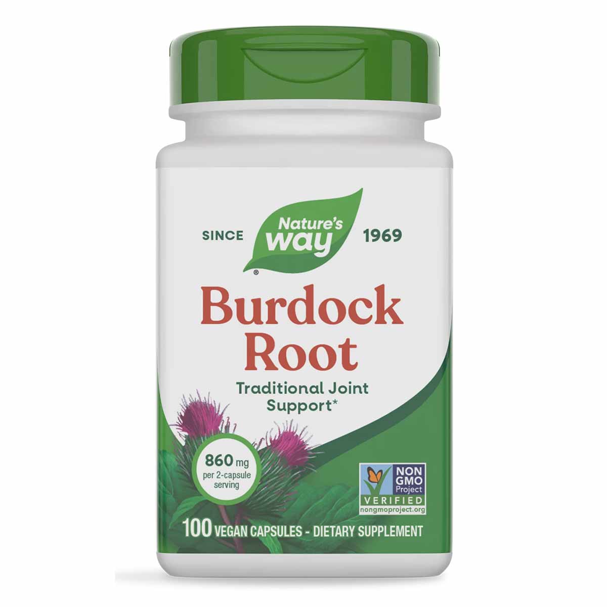 Nature's Way Burdock Root supplement bottle with green cap and label showing 100 vegan capsules.