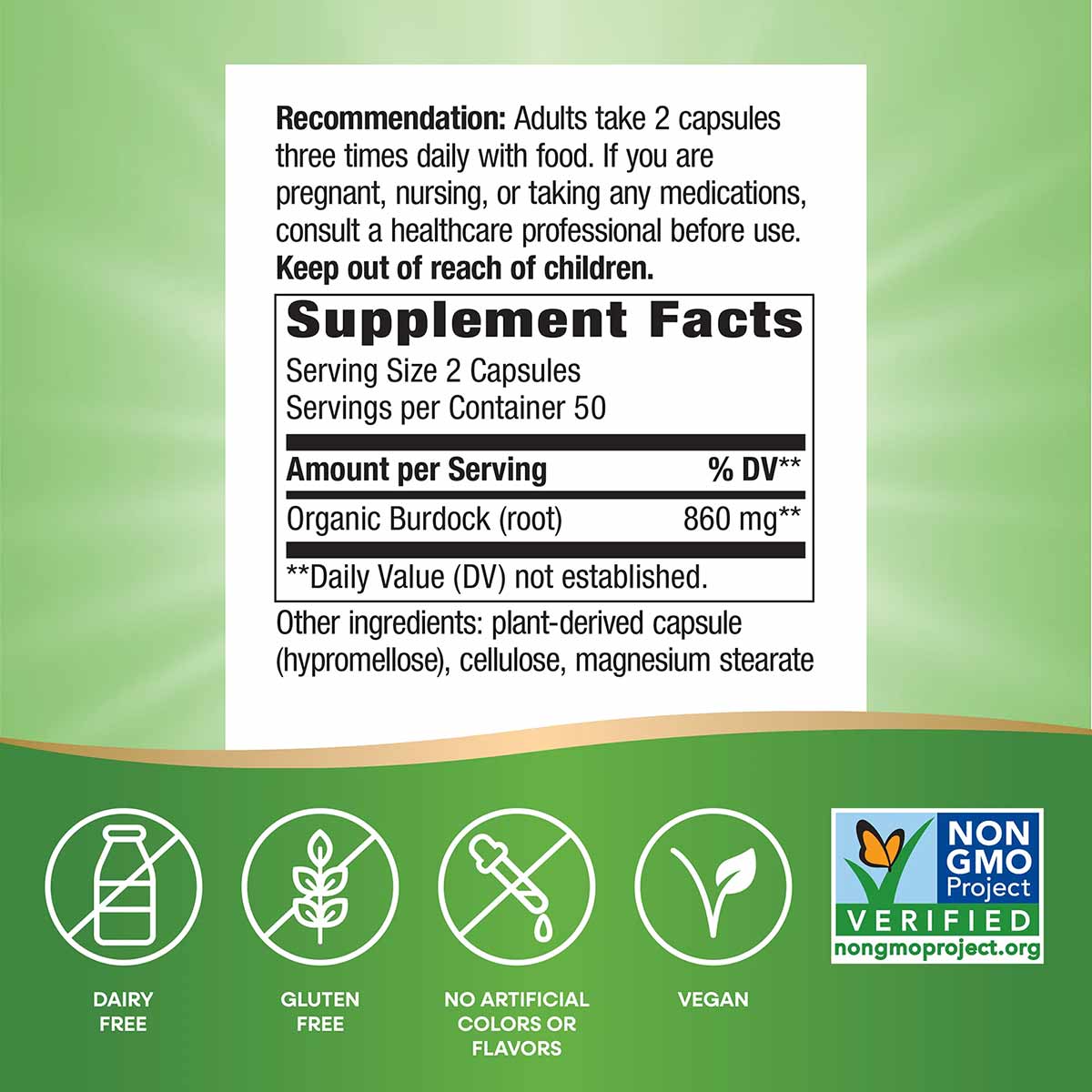 Supplement Facts label for Burdock Root 475 mg capsules with serving information and ingredient list on white background with
