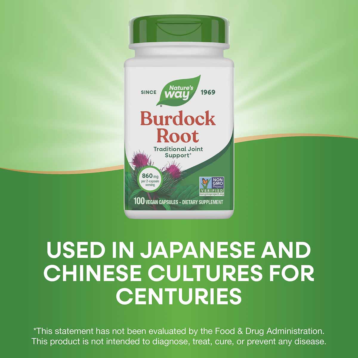 White bottle with green cap labeled "Burdock Root" by Nature's Way, containing 100 vegan capsules, with burdock plant imagery