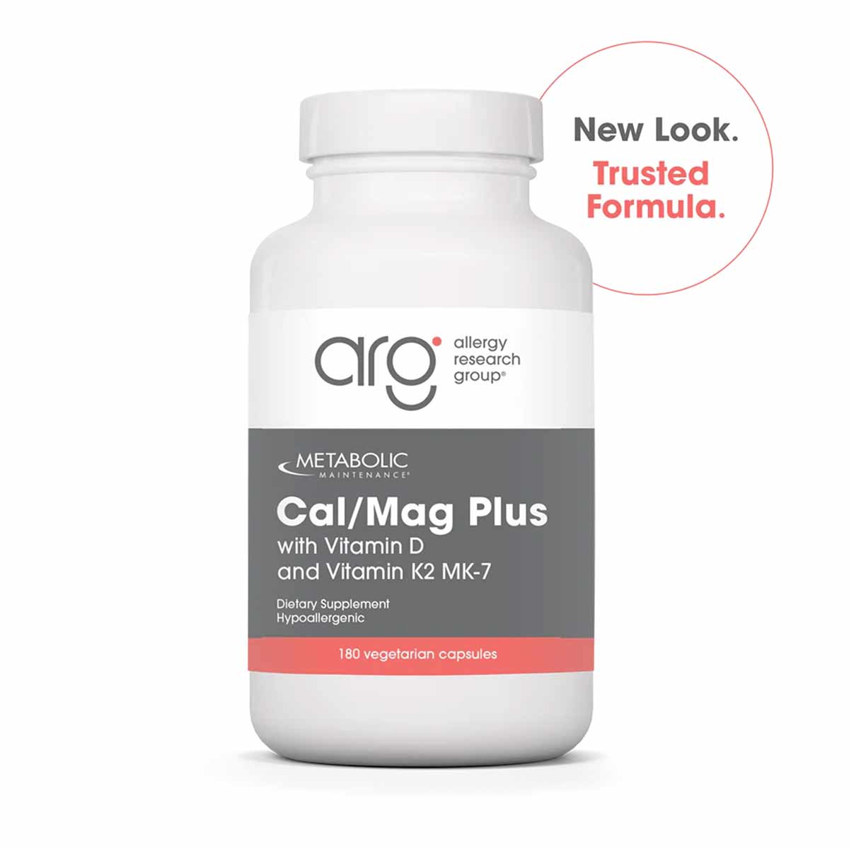 White bottle of Cal/Mag Plus dietary supplement by Allergy Research Group containing 180 vegetarian capsules.