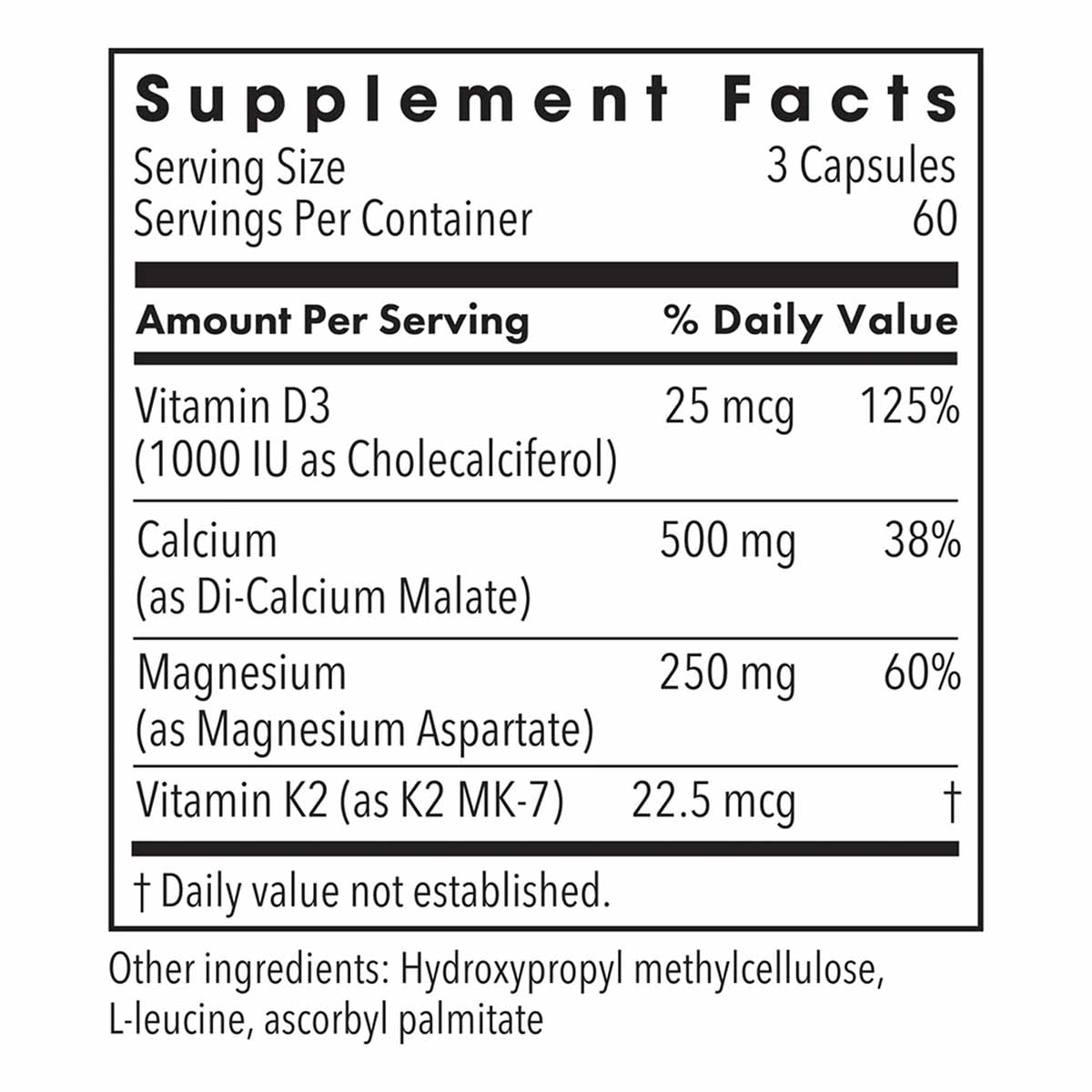 Supplement Facts label for Cal/Mag Plus showing serving size of 3 capsules with Vitamin D3, calcium, magnesium, and Vitamin K