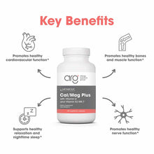 White bottle of Cal/Mag Plus supplement with Vitamin D and K2 MK-7, 180 vegetarian capsules by Allergy Research Group.