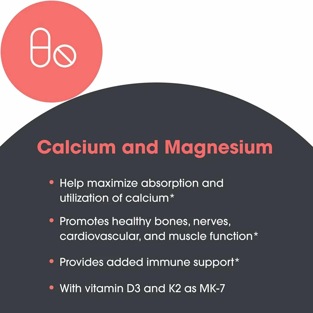 Supplement bottle label showing calcium and magnesium formula with vitamin D3 and K2 benefits listed.