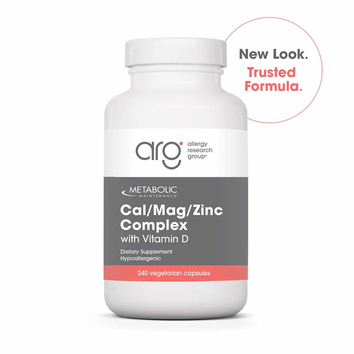 White supplement bottle labeled Cal/Mag/Zinc Complex with Vitamin D by Allergy Research Group, containing 240 vegetarian caps