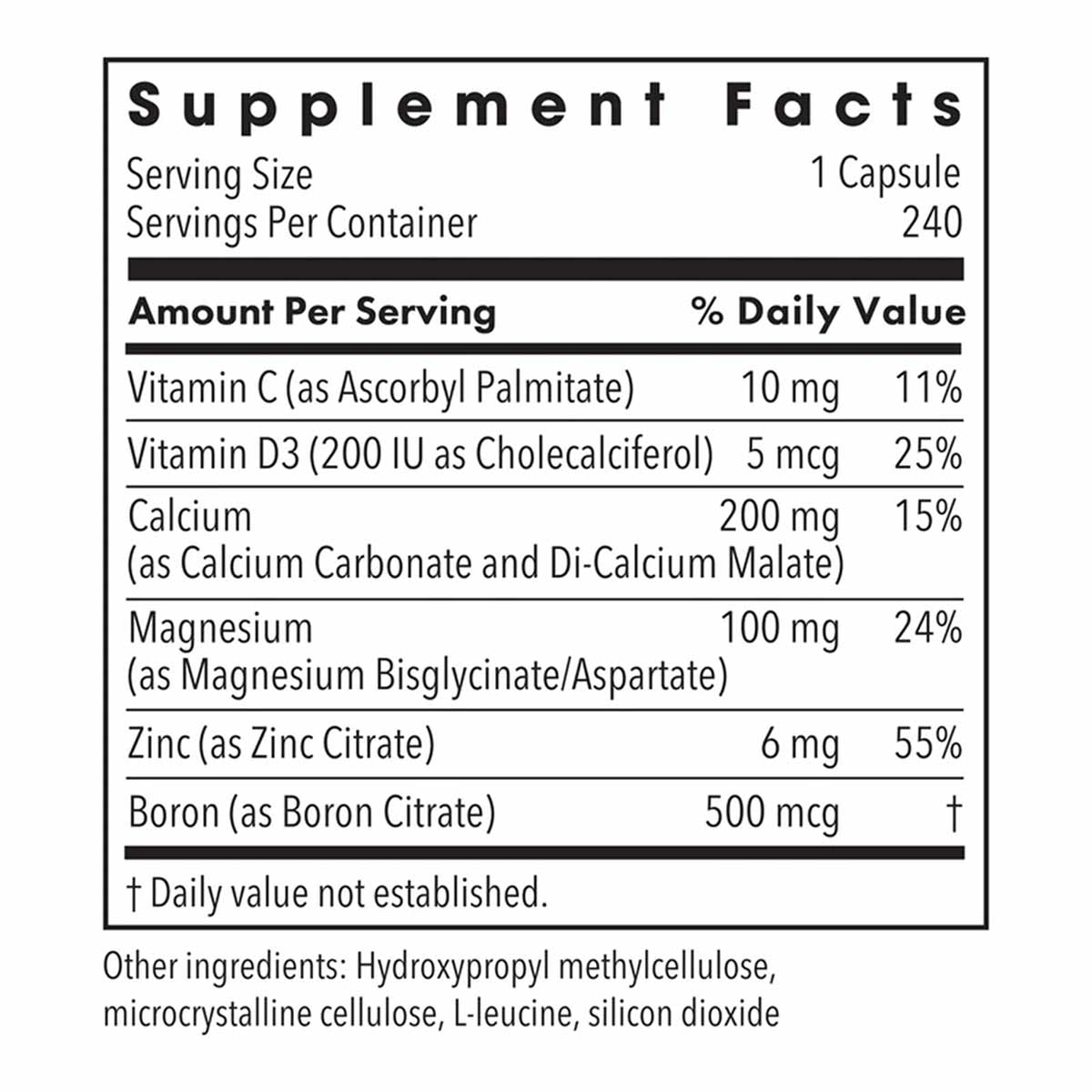 Supplement Facts label showing nutritional information for calcium, magnesium, zinc, vitamin D3, vitamin C, and boron per cap