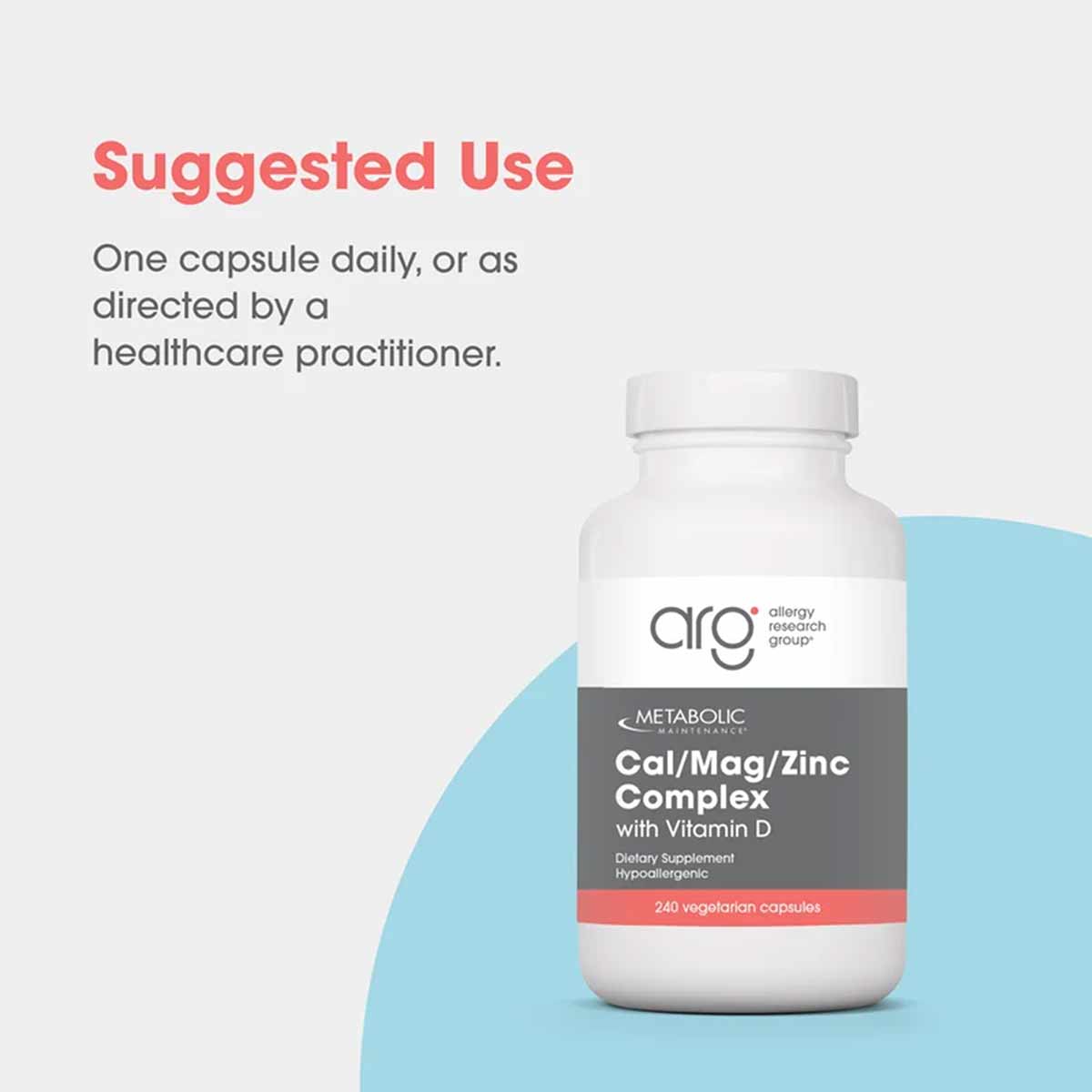 White bottle of Cal/Mag/Zinc Complex with Vitamin D by Allergy Research Group containing 240 vegetarian capsules.