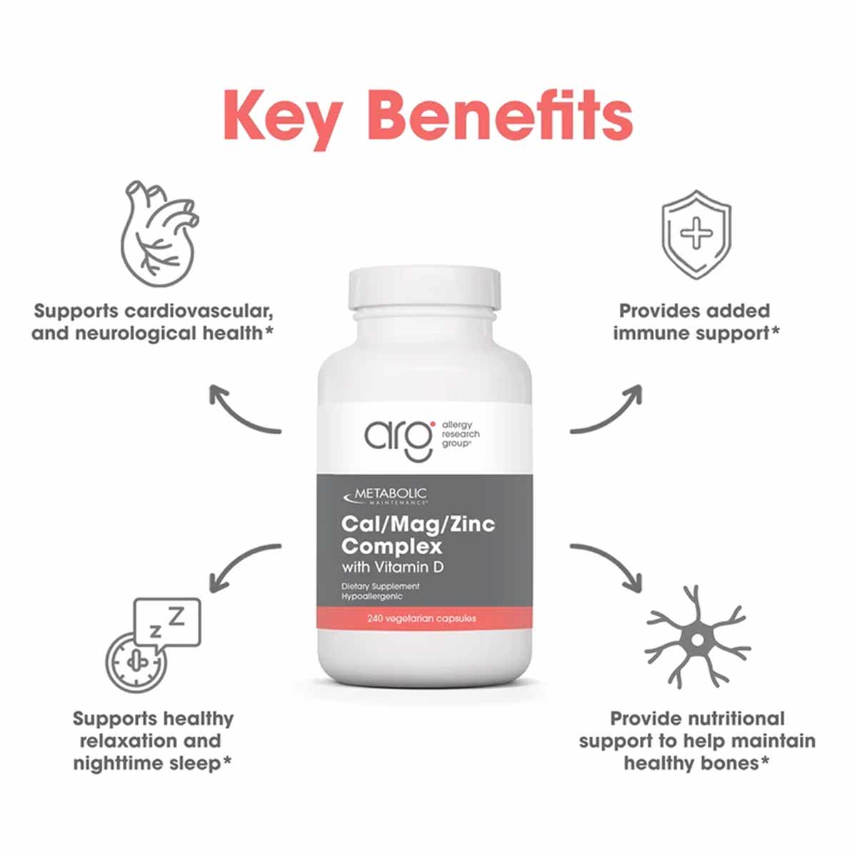 White bottle of Cal/Mag/Zinc Complex with Vitamin D supplement by Allergy Research Group, 240 vegetarian capsules.