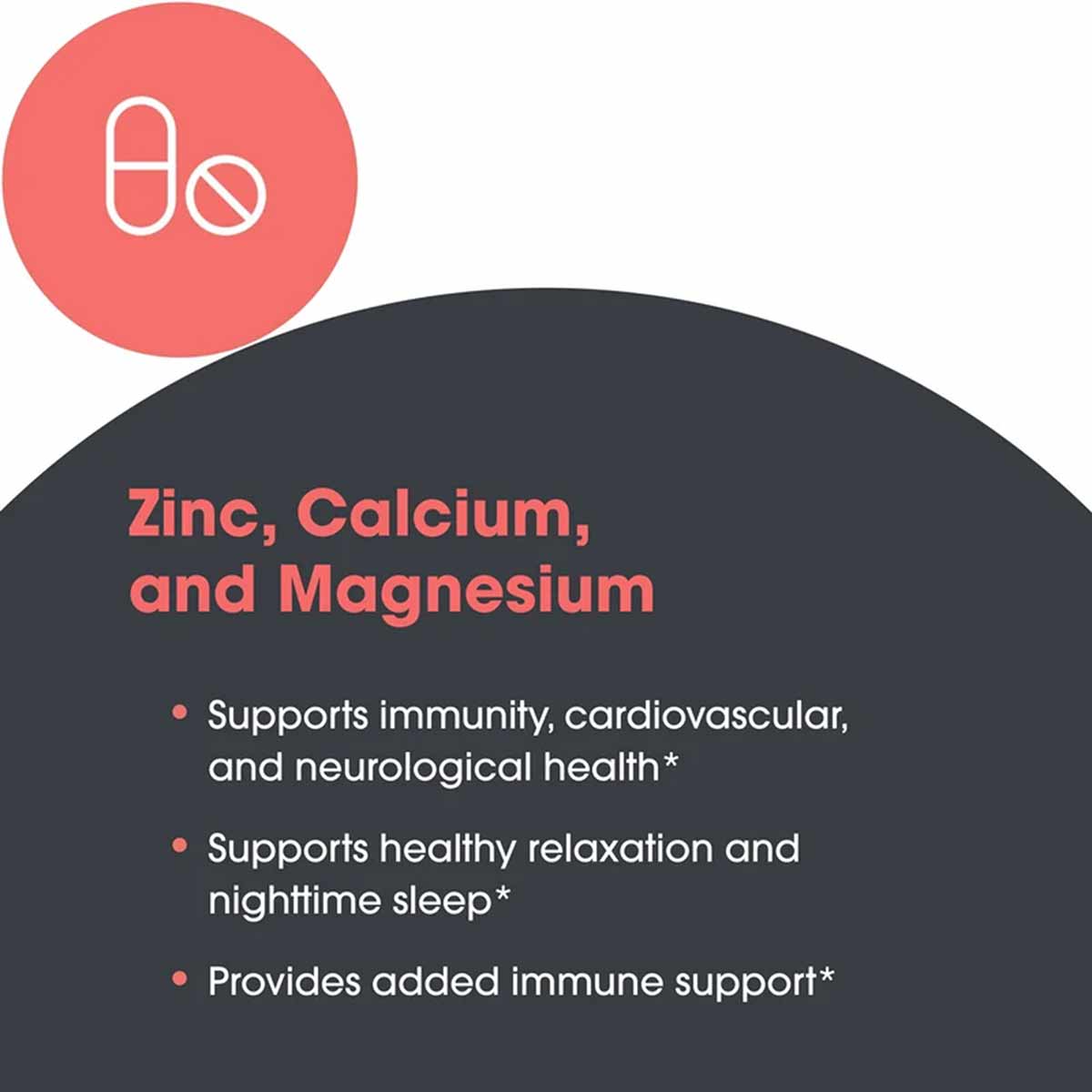 Supplement label showing pill and tablet icons with text describing zinc, calcium, and magnesium benefits.