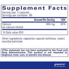 Supplement Facts label showing Calcium (citrate) 300 mg per serving, 90 servings per container, with ingredients and FDA disc
