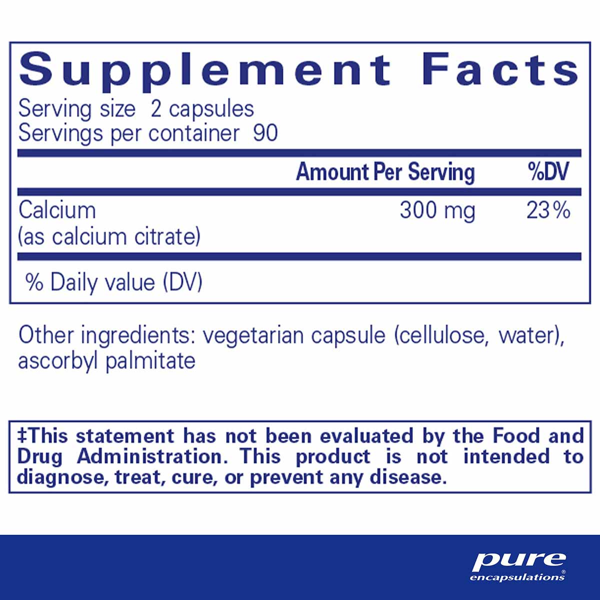 Supplement Facts label showing Calcium (citrate) 300 mg per serving, 90 servings per container, with ingredients and FDA disc