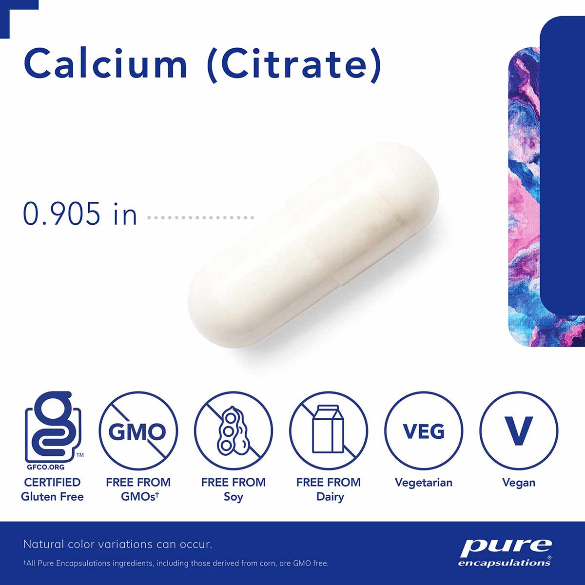 White calcium citrate capsule with product name and certification badges displayed, including gluten-free, GMO-free, soy-free