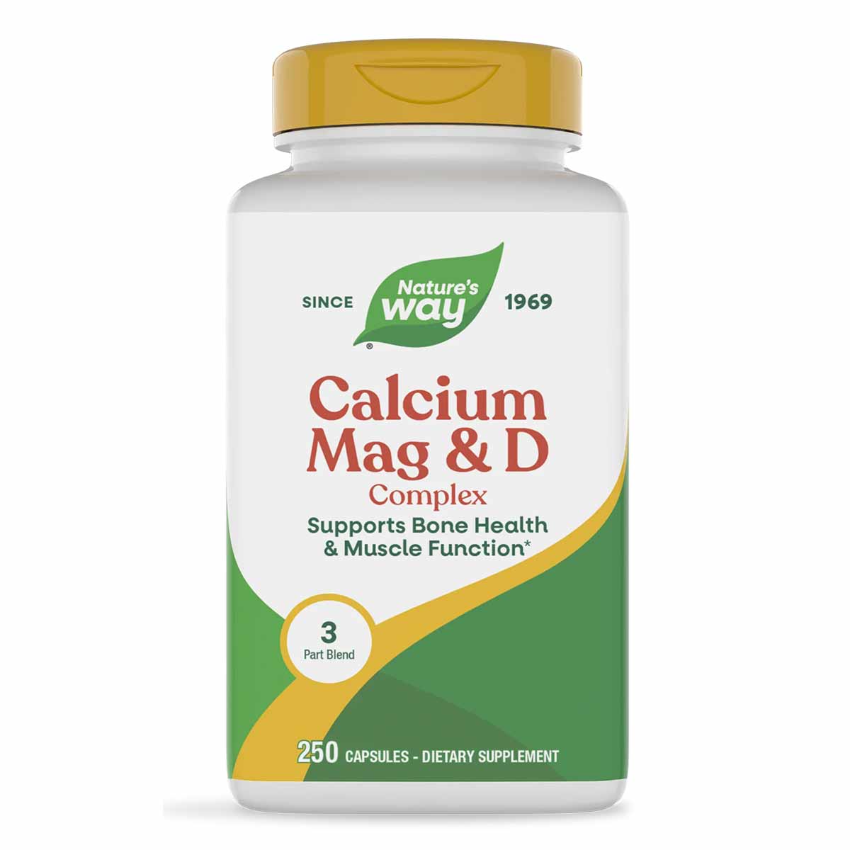Nature's Way Calcium Mag & D Complex supplement bottle with gold cap and green label containing 250 capsules.
